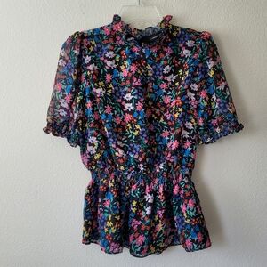 Catherine Malandrino Floral Blouse Peplum Keyhole Bright